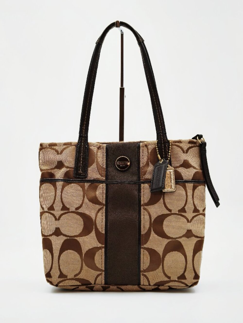 Coach F25771 Signature Stripe Brown Tan Jacquard Tote Shoulder Bag Leather